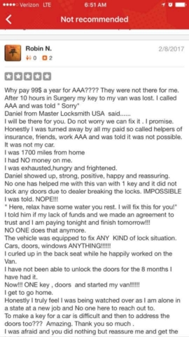 Master Locksmith Positive Review on Yelp