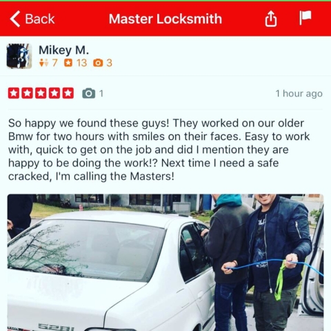 Master Locksmith Great Review on Yelp