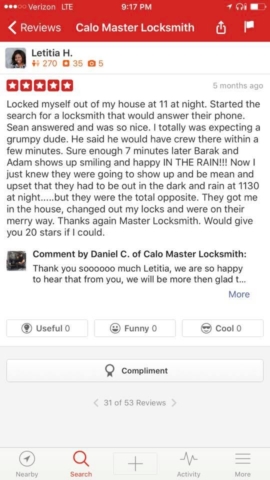 Master Locksmith Excellent Review on Yelp